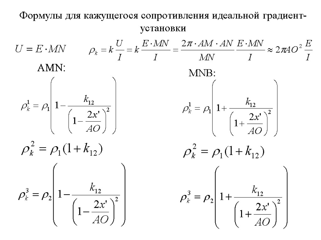 Формулы для кажущегося сопротивления идеальной градиент-установки AMN: MNB: